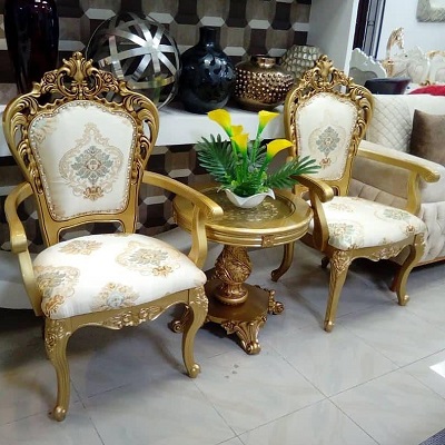 ROYAL GOLD & WHITE 2 SEATERS WITH SIDE STOOLS (BENFU)