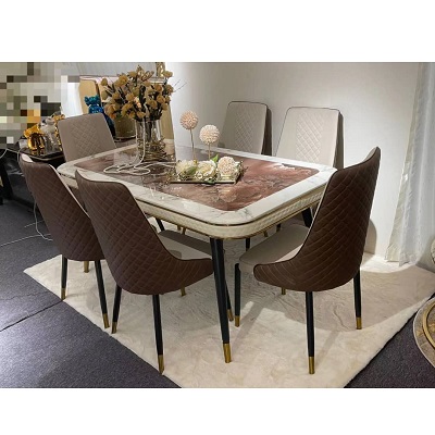 CREAM & BROWN RECTANGULAR DINING TABLE BY 6 CHAIRS (BENFU)