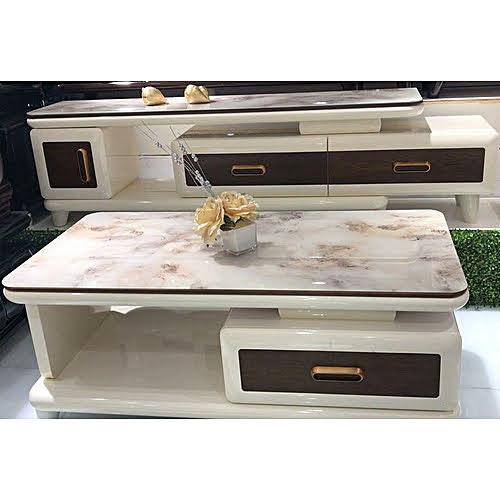 CREAM & BROWN MARBLE TOP CENTER TABLE & TV STAND WITH DRAWERS (NAFU)