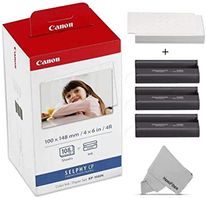 Canon KP-108IN / KP108 Color Ink Paper includes 108 Ink Paper sheets + Ink toners for Canon Selphy CP1300, Selphy CP1200, Selphy CP910, Selphy CP900, cp770 and cp760 + HeroFiber Gentle Cleaning Cloth- deluxe.com.ng