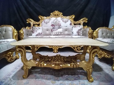GOLD & LIGHT GREY ROYAL 7 SEATERS SOFA WITH FLOWER DESIGN, CENTER TABLE & SIDE STOOLS ( BENFU)
