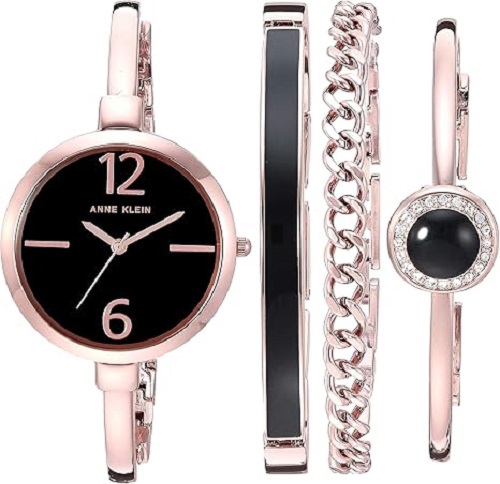ANNE KLEIN AK/3290BKST WOMEN’S ROSE GOLD-TONE BANGLE MEDIUM WATCH BRACELET SET - deluxe.com.ng