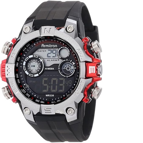 ARMITRON 40/8251RED Men’s Black Digital With Red Metallic Accents Strap Watch - deluxe.com.ng