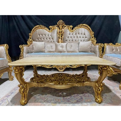 GOLD & CREAM 7 SEATERS ROYAL SOFA WITH RECTANGULAR CENTER TABLE & 2 SIDE STOOLS (BENFU)