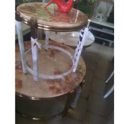 QUALITY DESIGNED BROWN ROUND MARBLE TOP CENTER TABLE WITH 2 SIDE STOOLS - AVAILABLE (JAFU) QUALITY DESIGNED BROWN ROUND MARBLE TOP CENTER TABLE WITH 2 SIDE STOOLS - AVAILABLE (JAFU) -deluxe.com.ng