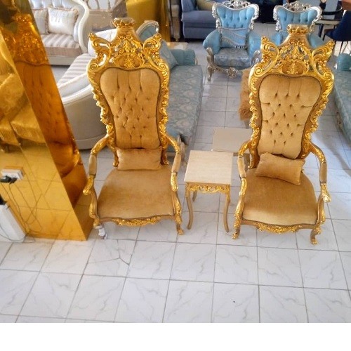 QUALITY DESIGNED 2 ROYAL GOLD CHAIRS &  A STOOL - AVAILABLE (SETIN) - deluxe.com.ng