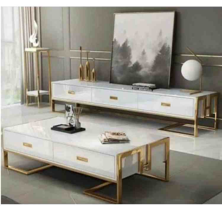 QUALITY WHITE & GOLD RECTANGULAR CENTER TABLE & TV STAND - AVAILABLE (SOFU) - deluxe.com.ng
