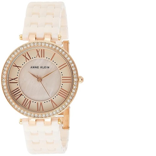 ANNE KLEIN AK/2130RGLP WOMEN'S SWAROVSKI CRYSTAL-ACCENTED ROSE GOLD-TONE LIGHT PINK CERAMIC BRACELET WATCH - deluxe.com.ng