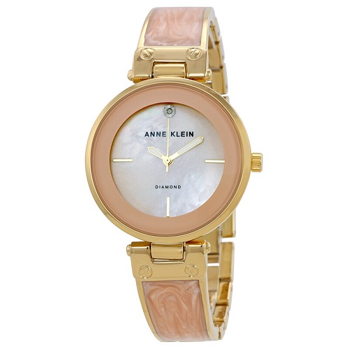 ANNE KLEIN AK/2512LPGB WOMEN’S DIAMOND-ACCENTED MOP DIAL GOLD BANGLE WATCH - Deluxe.com.ng