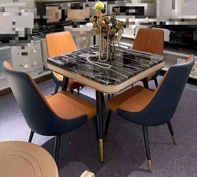 BLACK & CREAM SQUARE DINING TABLE WITH 4 BLACK & ORANGE CHAIRS (NAFU)