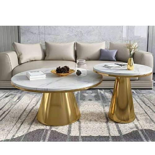 QUALITY DESIGNED ROUND WHITE MARBLE TOP CENTER TABLE WITH GOLDEN FRAME & 2 SIDE STOOLS - (JAFU)