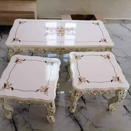 WHITE ROYAL CENTER TABLE & 2 SIDE STOOLS WITH FLOWER DESIGN (BENFU)