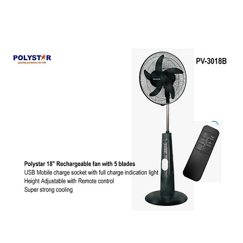 POLYSTAR 18″ RECHARGEABLE STANDING FAN  PV-3018B-USB - deluxe.com.ng