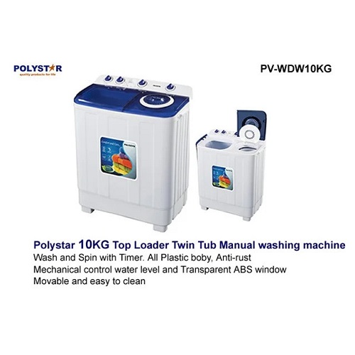 Polystar 10Kg Twin Tub Manual Washing Machine | PV-WDW10KG - deluxe.com.ng