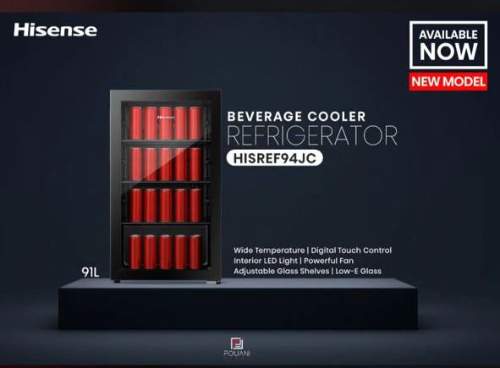 Hisense Showcase | Beverage Display Cooler, 91 Litres, R600, 3 Glass Shelf, Led lamp, Silent Compressor, Black Colour - FL 94 CJ - deluxe.com.ng