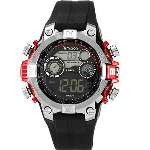 ARMITRON 40/8251RED Men’s Black Digital With Red Metallic Accents Strap Watch - deluxe.com.ng