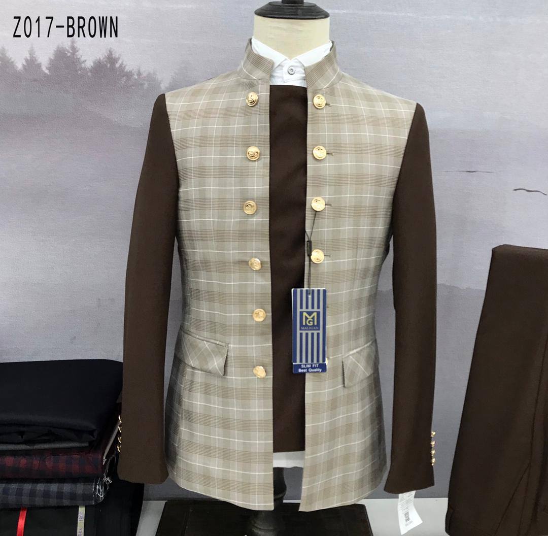 COFFEE BROWN AND LIGHT BROWN STRIPPED MANAGER SUIT WITH GOLDEN BUTTONS-deluxe.com.ng