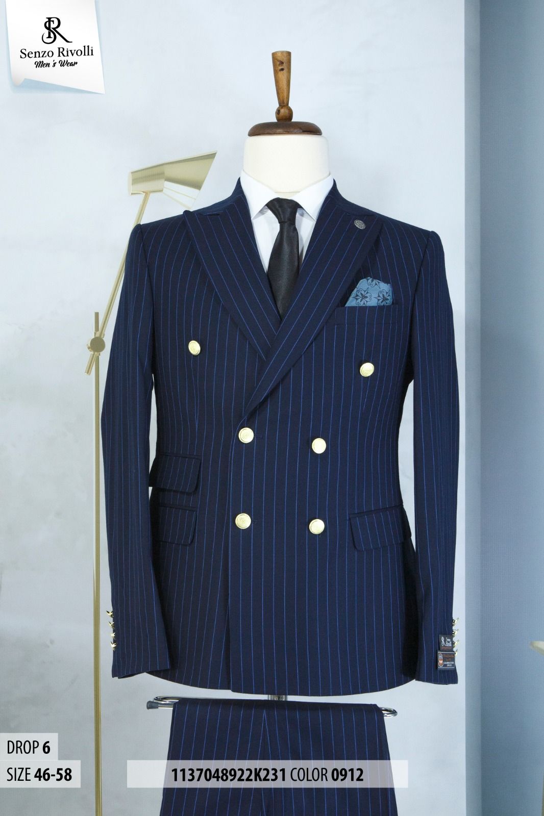 EXDCUTIVE NAVY BLUE AND LIGHT BROWN STRIPPED TURKEY SUIT WITH GOLDEN BUTTON-deluxe.com.ng