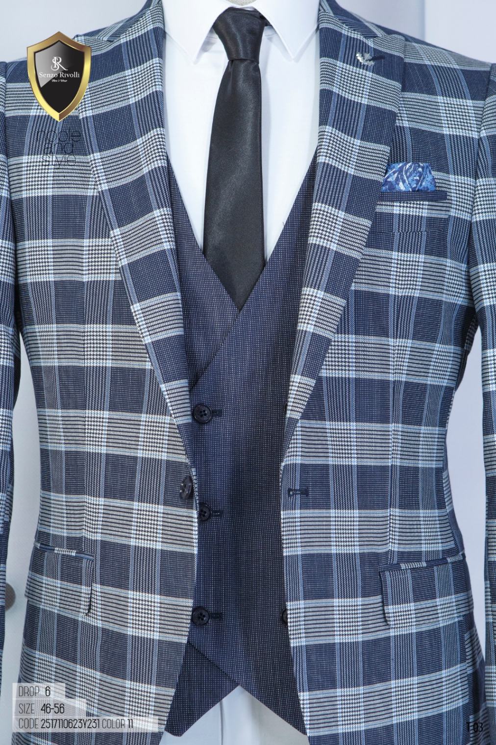 EXECUTIVE LIGHT GREY AND NAVY BLUE 3 PIECE TURKEY CHEKERS SUIT-deluxe.com.ng
