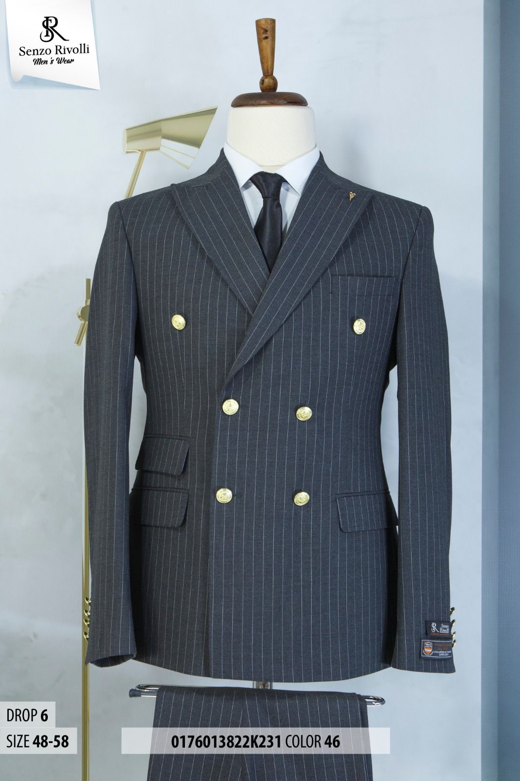 EXECUTIVE LIGHT GREY STRIPPED BREASTED TURKEY SUIT WITH GOLDEN BUTTON-deluxe.com.ng