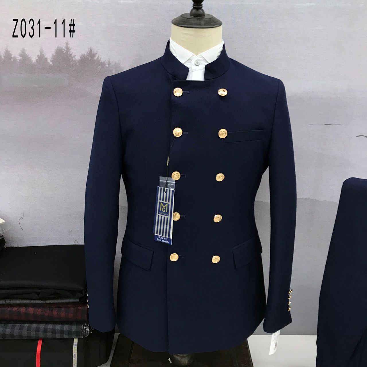 NAVY BLUE MANAGER TURKEY SUIT WITH BISHOP NECK AND GOLDEN BUTTON-deluxe.com.ng