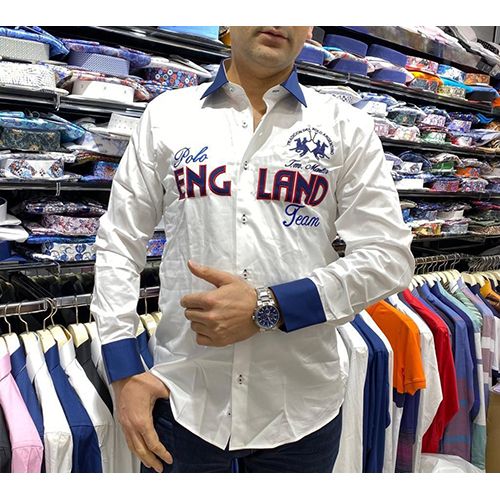 EXQUISITE WHITE LONG SLEEVE ENGLAND POLO DESIGNER'S SHIRT WITH TOUCH OF NAVY | AVAILABLE IN ALL SIZES (SWNL) (N) - deluxe.com.ng