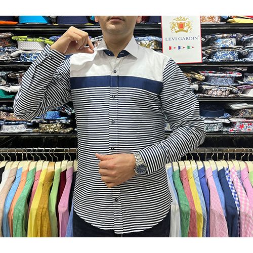 EXQUISITE WHITE, BLUE AND BLACK STRIPPED LONG SLEEVE SHIRT | AVAILABLE IN ALL SIZES (SWNL) (N) - deluxe.com.ng