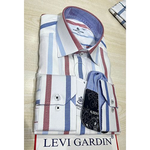 EXQUISITE WHITE LONG SLEEVE SHIRT WITH RED, BLUE AND LIGHT BLUE STRIPES BY LEVI GARDIN | AVAILABLE IN ALL SIZES (SWNL) (N) - deluxe.com.ng