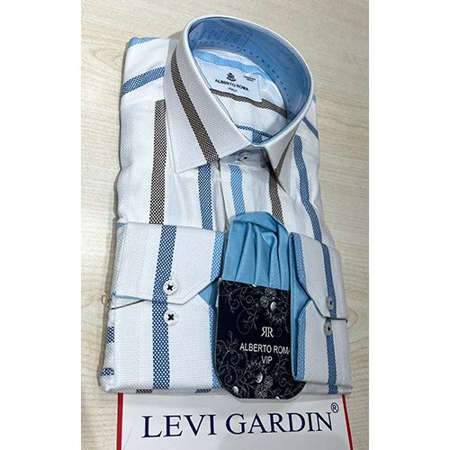 EXQUISITE WHITE LONG SLEEVE SHIRT WITH GREY, BLUE AND LIGHT BLUE STRIPES BY LEVI GARDIN | AVAILABLE IN ALL SIZES (SWNL) (N) - deluxe.com.ng