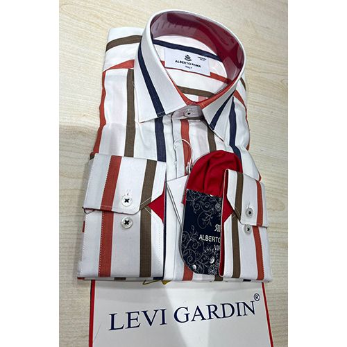 EXQUISITE WHITE LONG SLEEVE SHIRT WITH RED, BROWN AND NAVY BLUE STRIPES BY LEVI GARDIN | AVAILABLE IN ALL SIZES (SWNL) (N) - deluxe.com.ng