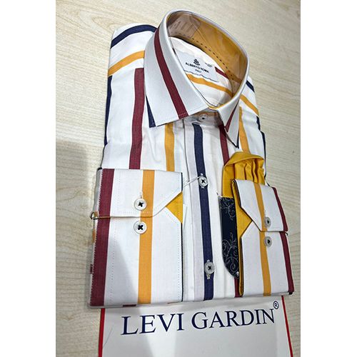 EXQUISITE WHITE LONG SLEEVE SHIRT WITH NAVY BLUE, MAROON AND YELLOW STRIPES BY LEVI GARDIN | AVAILABLE IN ALL SIZES (SWNL) (N) - deluxe.com.ng
