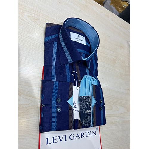 EXQUISITE NAVY BLUE LONG SLEEVE SHIRT WITH SKY BLUE AND BROWN STRIPES BY LEVI GARDIN | AVAILABLE IN ALL SIZES (SWNL) (N) - deluxe.com.ng