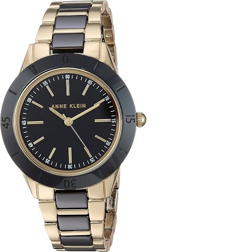 ANNE KLEIN AK/3160BKGB WOMEN’S GOLD-TONE & BLACK CERAMIC BRACELET WATCH  - deluxe.com.ng