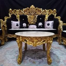 BLACK & GOLD ROYAL 7 SEATERS SOFA WITH ROUND WHITE MARBLE TOP CENTER TABLE & 2 SIDE STOOLS (BENFU)