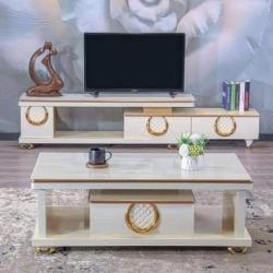 WHITE CENTER TABLE & TV STAND WITH GOLD DESIGN AND DRAWERS (NAFU)