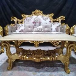 GOLD & LIGHT GREY ROYAL 7 SEATERS SOFA WITH FLOWER DESIGN, CENTER TABLE & SIDE STOOLS ( BENFU)