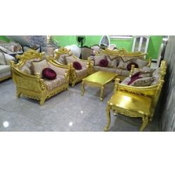 ROYAL 7 SEATERS GOLD & BROWN SOFA COMPLETE SET WITH CENTER TABLE & 2 SIDE STOOLS (DOFU)