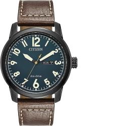 CITIZEN MEN’S ECO-DRIVE WEEKENDER GARRISON FIELD IN BLACK IP STAINLESS STEEL BROWN LEATHER STRAP WATCH - deluxe.com.ng