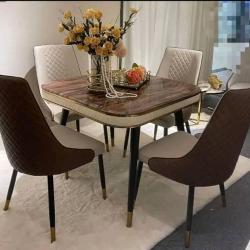 BROWN & CREAM SQUARE MARBLE TOP DINING TABLE WITH 4 BROWN & CREAM CHAIRS (NAFU)