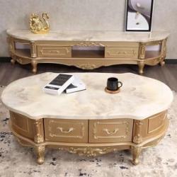 1 WHITE OVAL MARBLE TOP CENTRE TABLE & TV STAND WITH GOLDEN LEGS (NWAFU)