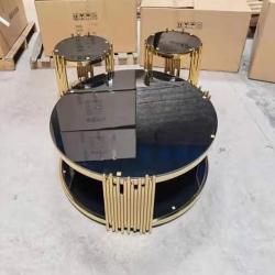 QUALITY DESIGNED BLACK GLASS TOP ROUND CENTER TABLE WITH GOLDEN FRAME & 2 SIDE STOOLS  - AVAILABLE (SAINT) - deluxe.com.ng