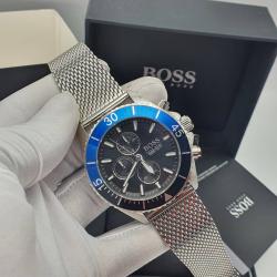 BOSS EXQUISITE SILVER METAL STRAP WRISTWATCH WITH BLACK & BLUE SCREEN