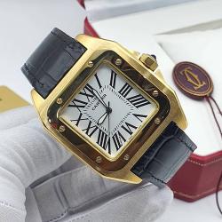 CARTIER EXCLUSIVE DESIGNERS WRISTWATCH BLACK LEATHER WITH GOLD AND BLACK FRAME WITH ROMAN NUMERALS AND SQUARE HEAD (GAWA) - deluxe.com.ng