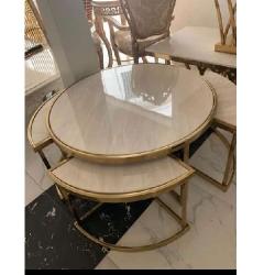 QUALITY DESIGNED CREAM & GOLD CENTER TABLE & 2 SIDE STOOLS  - AVAILABLE (SAINT) - deluxe.com.ng