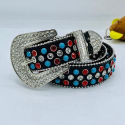 EXQUISITE BLACK & SILVER HEAD DESIGNER'S BELT WITH LIGHT BLUE, RED & SILVER SHINY STONES