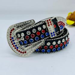 EXQUISITE BLACK DESIGNER'S LEATHER BELT WITH RED, BLUE & SILVER SHINY STONES