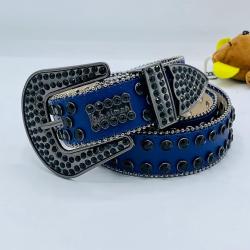 EXQUISITE BLUE LEATHER BELT WITH BLACK SHINY STONES