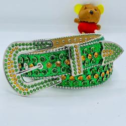 EXQUISITE GREEN LEATHER BELT WITH ORANGE & GREEN SHINY STONES