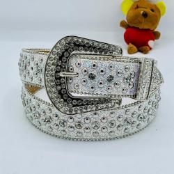 EXQUISITE WHITE LEATHER BELT WITH SILVER HEAD & WHITE SHINY STONES
