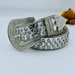 EXQUISITE WHITE LEATHER BELT WITH SILVER SHINY STONES